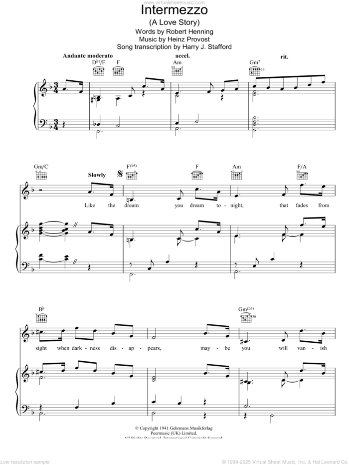 Intermezzo - A Love Story sheet music for voice, piano or guitar by Guy Lombardo, Heinz Provost and Robert Henning, intermediate skill level