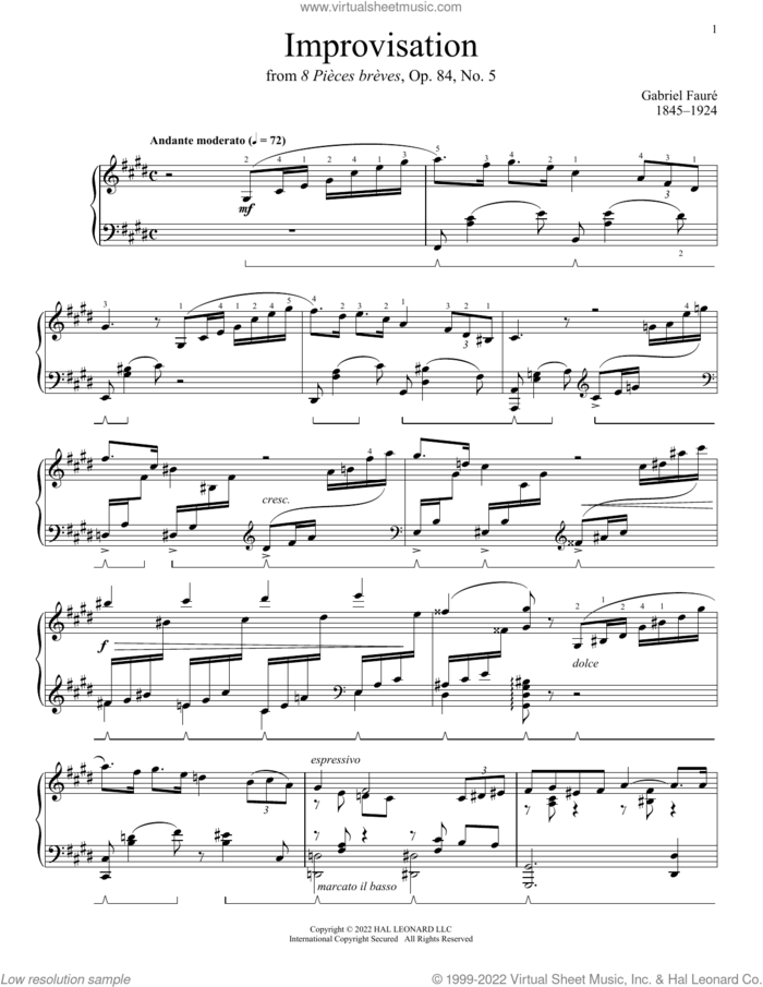 Improvisation In C-Sharp Minor, Op. 84, No. 5 sheet music for piano solo by Gabriel Faure, classical score, intermediate skill level
