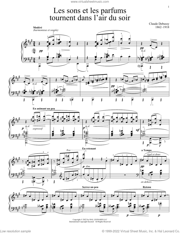Les Sons Et Les Parfums Tournent Dans L'Air Du Soir sheet music for piano solo by Claude Debussy, classical score, intermediate skill level