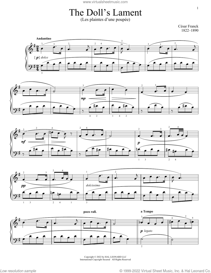 The Doll's Complaint sheet music for piano solo by Cesar Franck, classical score, intermediate skill level
