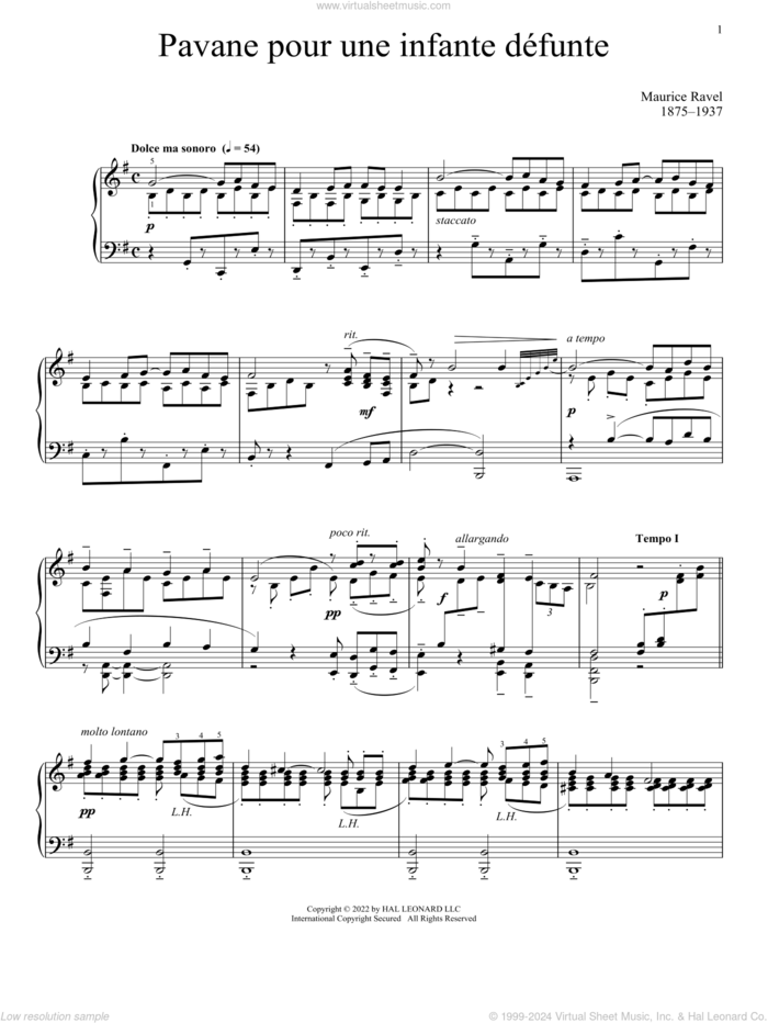 Pavane Pour Une Infante Defunte sheet music for piano solo by Maurice Ravel, classical score, intermediate skill level