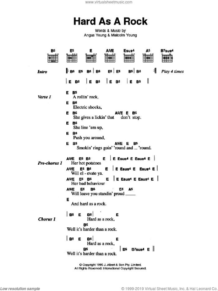 Hard As A Rock sheet music for guitar (chords) by AC/DC, Angus Young and Malcolm Young, intermediate skill level