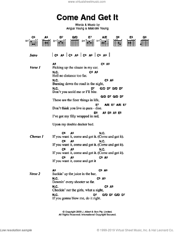 Come And Get It sheet music for guitar (chords) by AC/DC, Angus Young and Malcolm Young, intermediate skill level