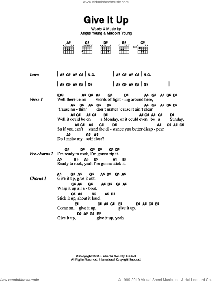 Give It Up sheet music for guitar (chords) by AC/DC, Angus Young and Malcolm Young, intermediate skill level