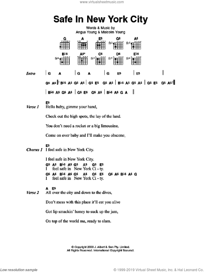 Safe In New York City sheet music for guitar (chords) by AC/DC, Angus Young and Malcolm Young, intermediate skill level