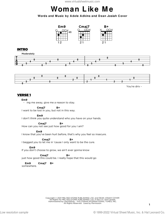Woman Like Me sheet music for guitar solo by Adele, Adele Adkins and Dean Josiah Cover, beginner skill level