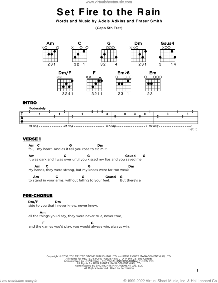 Set Fire To The Rain sheet music for guitar solo by Adele, Adele Adkins and Fraser T. Smith, beginner skill level