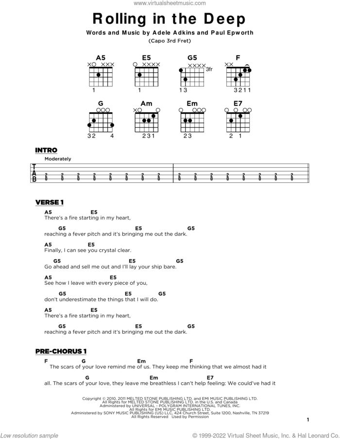 Rolling In The Deep sheet music for guitar solo by Adele, Adele Adkins and Paul Epworth, beginner skill level