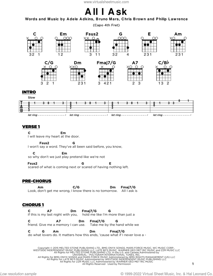 All I Ask sheet music for guitar solo by Adele, Adele Adkins, Bruno Mars, Chris Brown and Philip Lawrence, beginner skill level