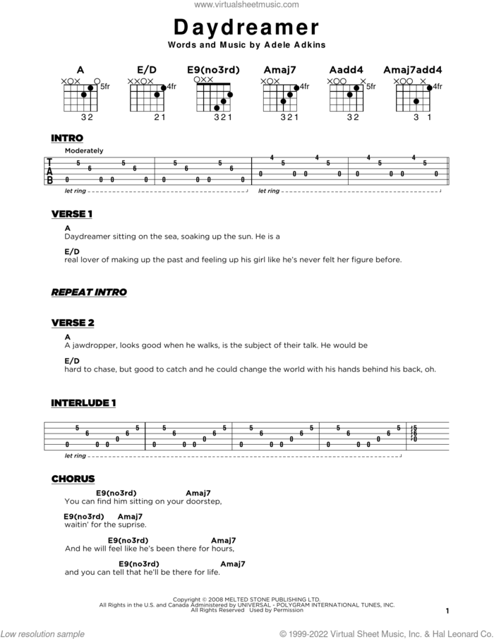 Daydreamer sheet music for guitar solo by Adele and Adele Adkins, beginner skill level