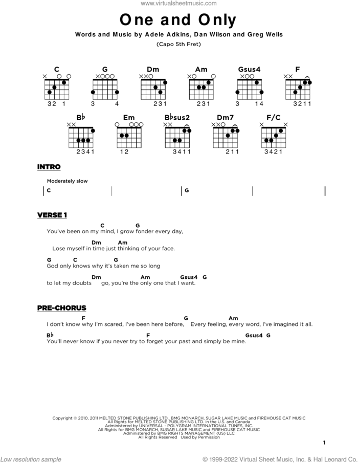 One And Only sheet music for guitar solo by Adele, Adele Adkins, Dan Wilson and Greg Wells, beginner skill level