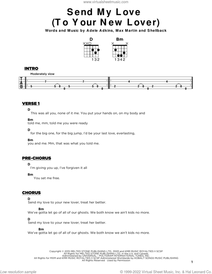 Send My Love (To Your New Lover) sheet music for guitar solo by Adele, Adele Adkins, Max Martin and Shellback, beginner skill level