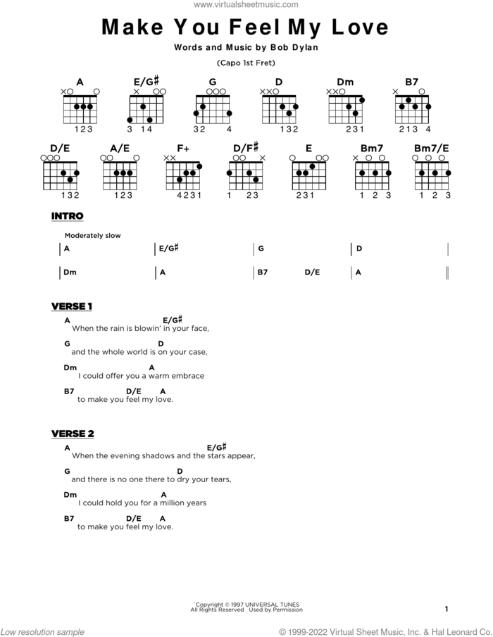 Make You Feel My Love sheet music for guitar solo by Adele and Bob Dylan, beginner skill level