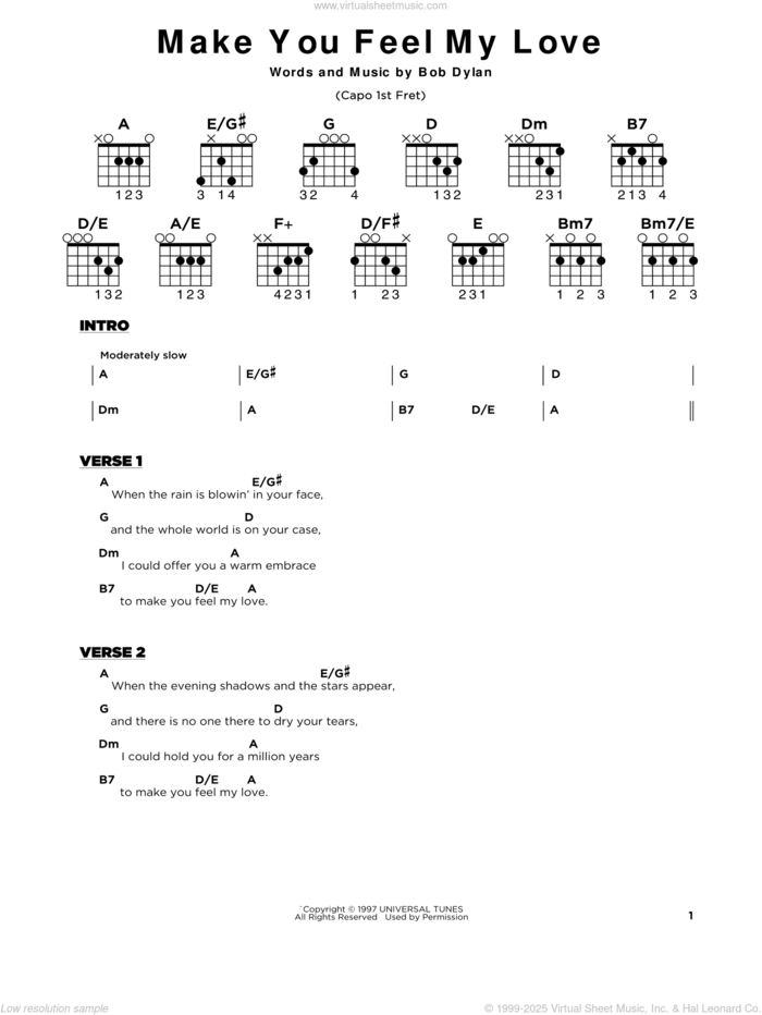 Make You Feel My Love sheet music for guitar solo by Adele and Bob Dylan, beginner skill level