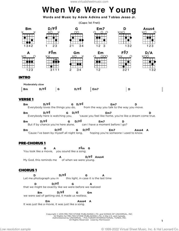 When We Were Young sheet music for guitar solo by Adele, Adele Adkins and Tobias Jesso Jr., beginner skill level