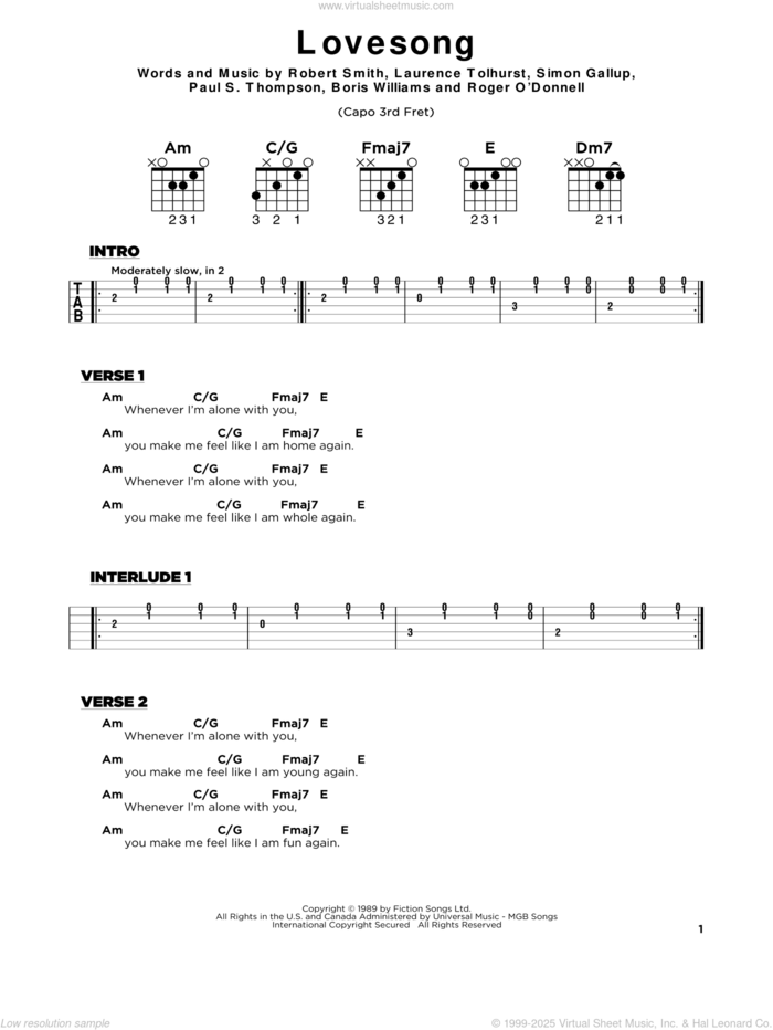 Lovesong sheet music for guitar solo by Adele, Boris Williams, Laurence Tolhurst, Paul S. Thompson, Robert Smith and Simon Gallup, wedding score, beginner skill level