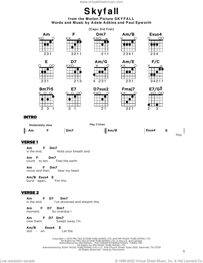 Skyfall, (beginner) sheet music for guitar solo by Adele, Adele Adkins and Paul Epworth, beginner skill level