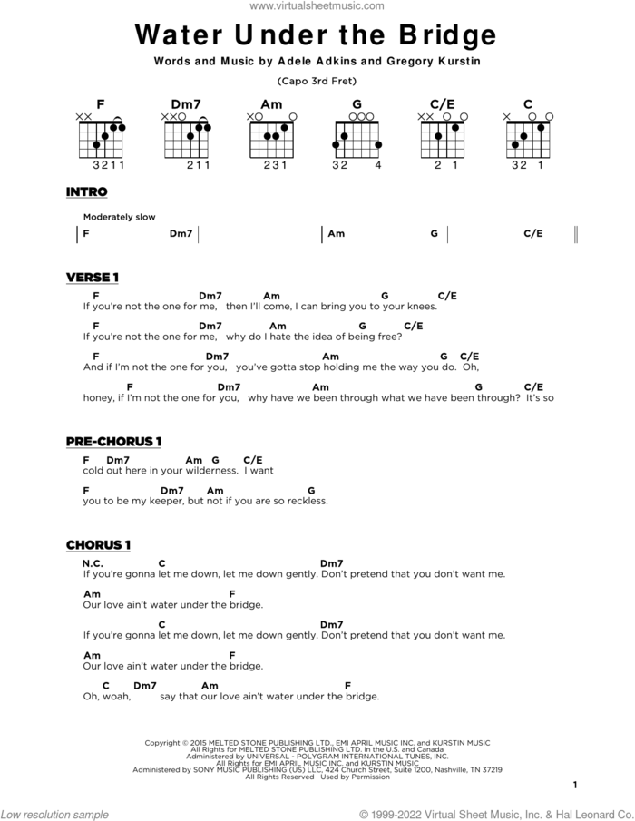 Water Under The Bridge sheet music for guitar solo by Adele, Adele Adkins and Gregory Kurstin, beginner skill level