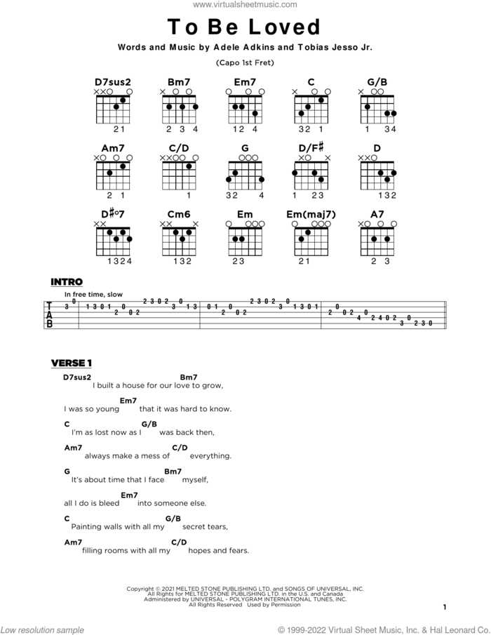 To Be Loved sheet music for guitar solo by Adele, Adele Adkins and Tobias Jesso Jr., beginner skill level