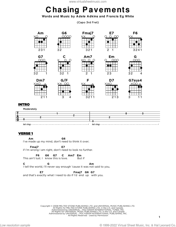 Chasing Pavements sheet music for guitar solo by Adele, Adele Adkins and Francis White, beginner skill level