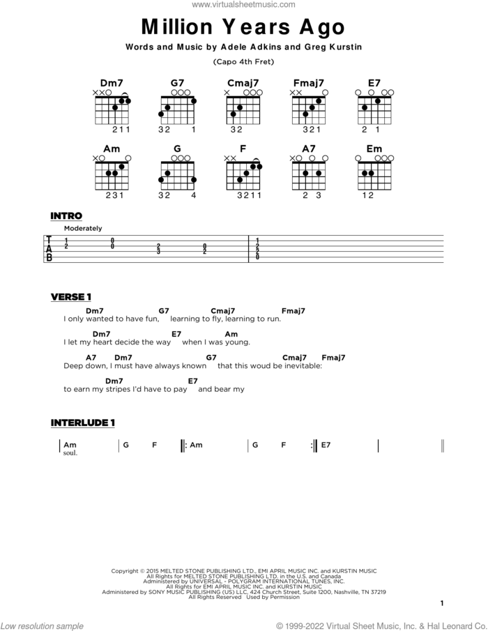 Million Years Ago sheet music for guitar solo by Adele, Adele Adkins and Gregory Kurstin, beginner skill level