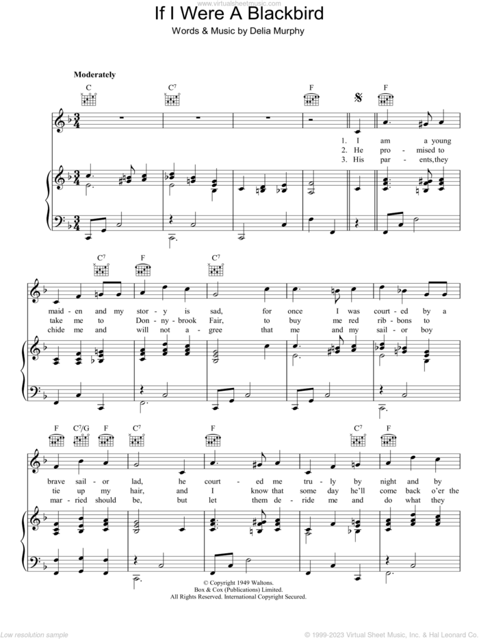 If I Were A Blackbird sheet music for voice, piano or guitar by Delia Murphy, intermediate skill level