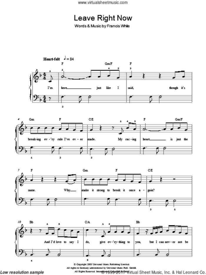 Leave Right Now sheet music for piano solo by Will Young and Francis White, easy skill level