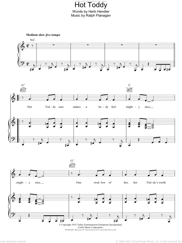 Hot Toddy sheet music for voice, piano or guitar by Ralph Flanagan and Herb Hendler, intermediate skill level