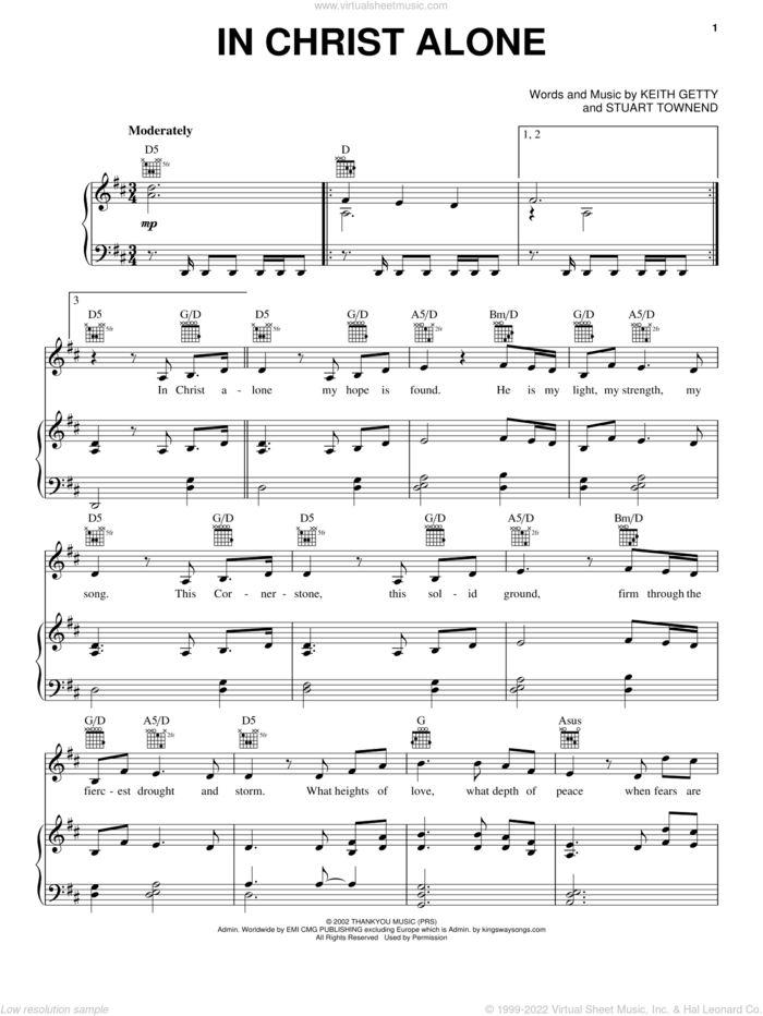 In Christ Alone sheet music for voice, piano or guitar by Newsboys, Keith & Kristyn Getty, Keith Getty and Stuart Townend, intermediate skill level