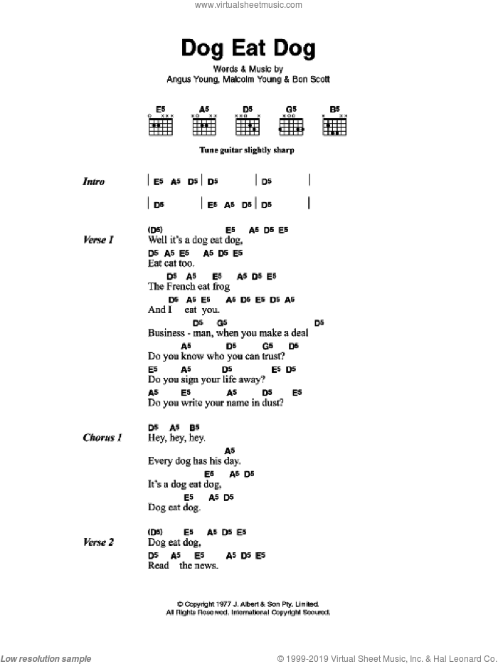 Dog Eat Dog sheet music for guitar (chords) by AC/DC, Angus Young, Bon Scott and Malcolm Young, intermediate skill level