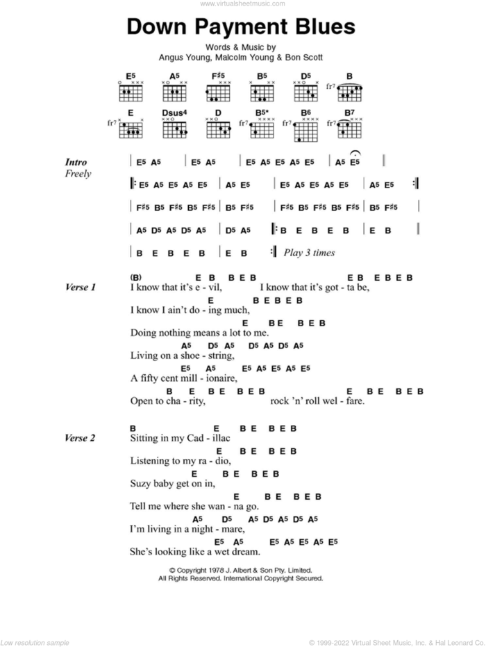 Down Payment Blues sheet music for guitar (chords) by AC/DC, Angus Young, Bon Scott and Malcolm Young, intermediate skill level