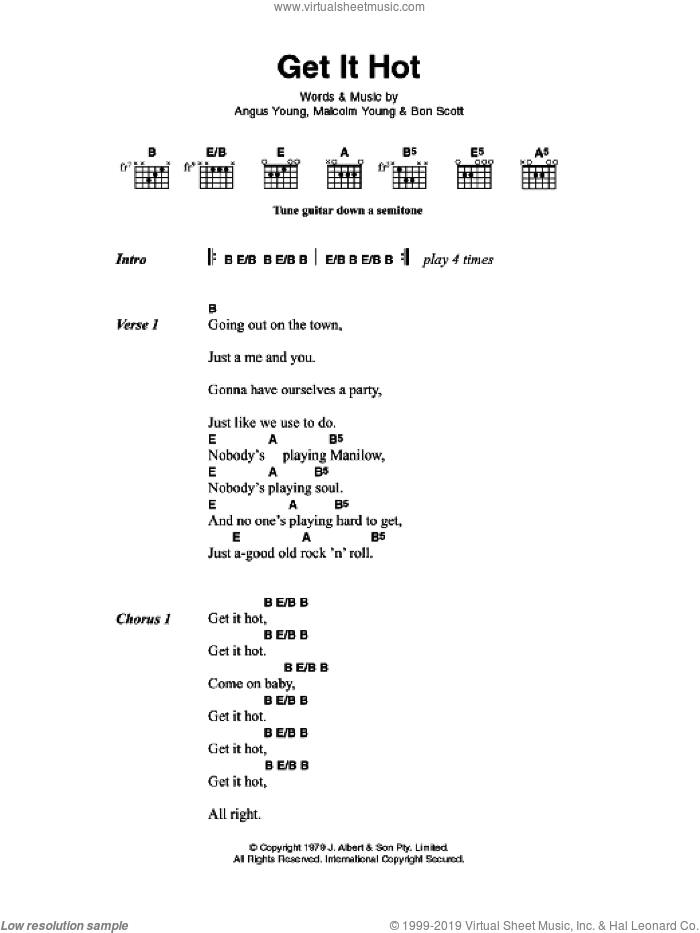 Get It Hot sheet music for guitar (chords) by AC/DC, Angus Young, Bon Scott and Malcolm Young, intermediate skill level