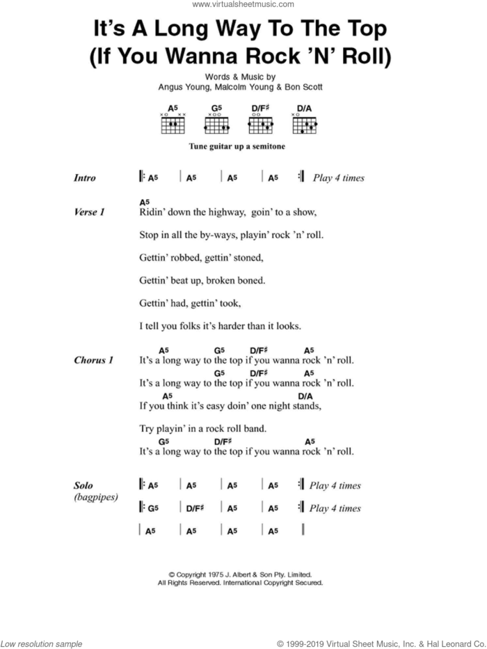 It's A Long Way To The Top (If You Wanna Rock 'N' Roll) sheet music for guitar (chords) by AC/DC, Angus Young, Bon Scott and Malcolm Young, intermediate skill level