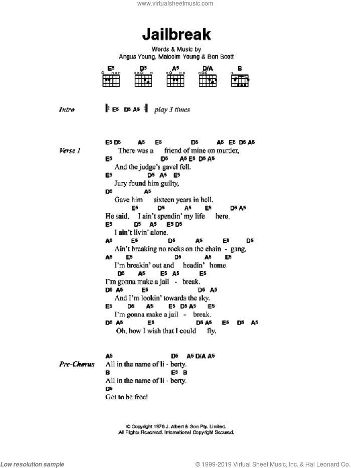 Jailbreak sheet music for guitar (chords) by AC/DC, Angus Young and Malcolm Young, intermediate skill level