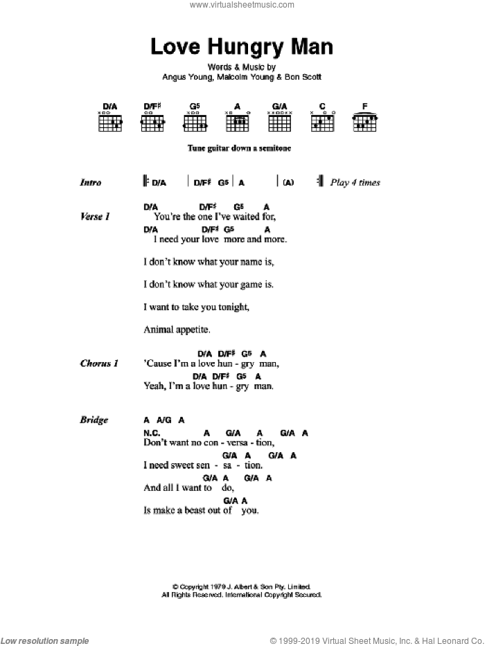 Love Hungry Man sheet music for guitar (chords) by AC/DC, Angus Young, Bon Scott and Malcolm Young, intermediate skill level