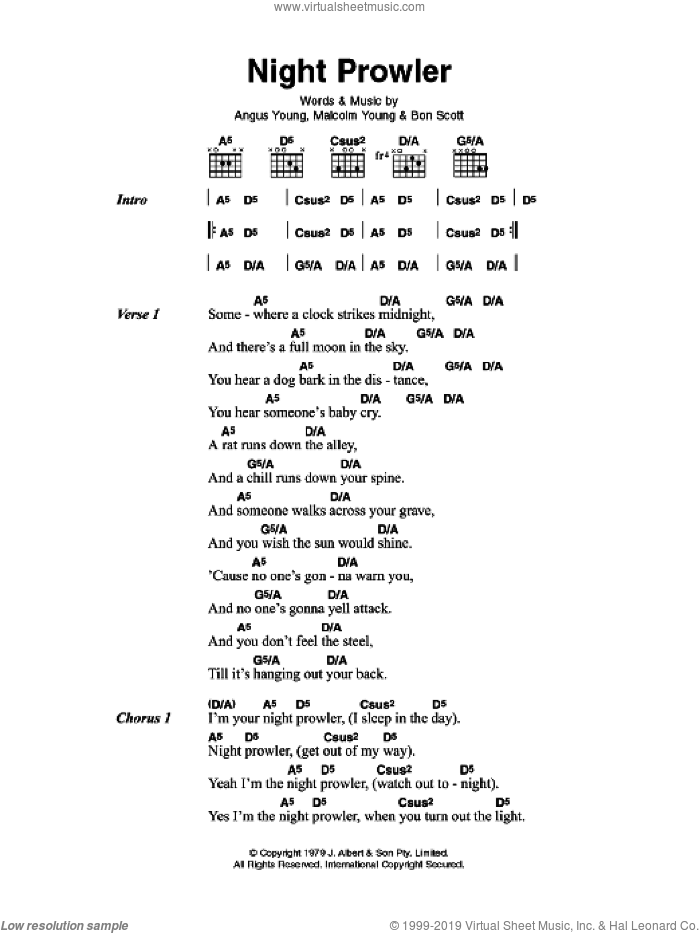 Night Prowler sheet music for guitar (chords) by AC/DC, Angus Young, Bon Scott and Malcolm Young, intermediate skill level