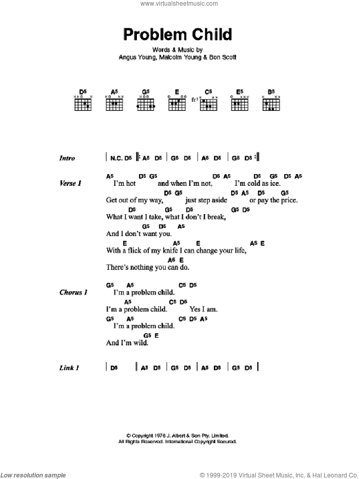 Problem Child sheet music for guitar (chords) by AC/DC, Angus Young, Bon Scott and Malcolm Young, intermediate skill level