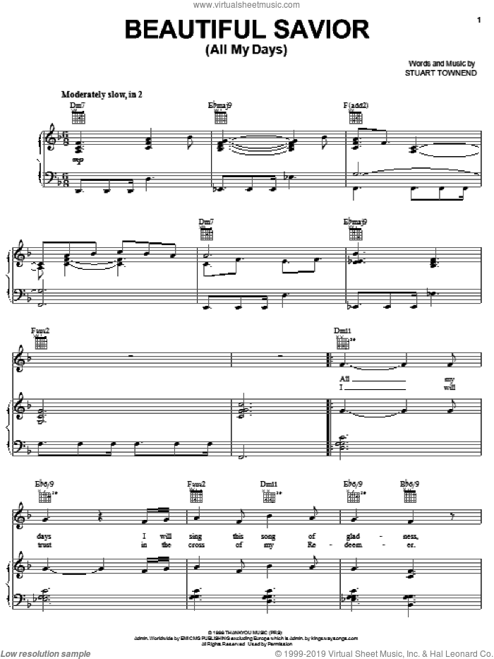 Beautiful Savior (All My Days) sheet music for voice, piano or guitar by Stuart Townend and Tim Hughes, intermediate skill level