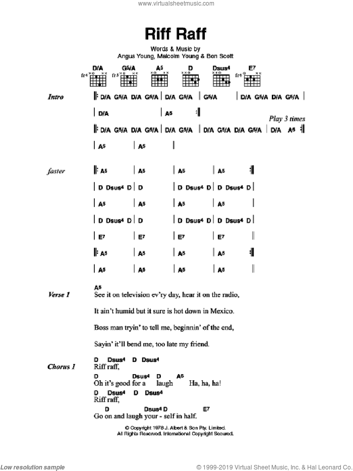 Riff Raff sheet music for guitar (chords) by AC/DC, Angus Young, Bon Scott and Malcolm Young, intermediate skill level