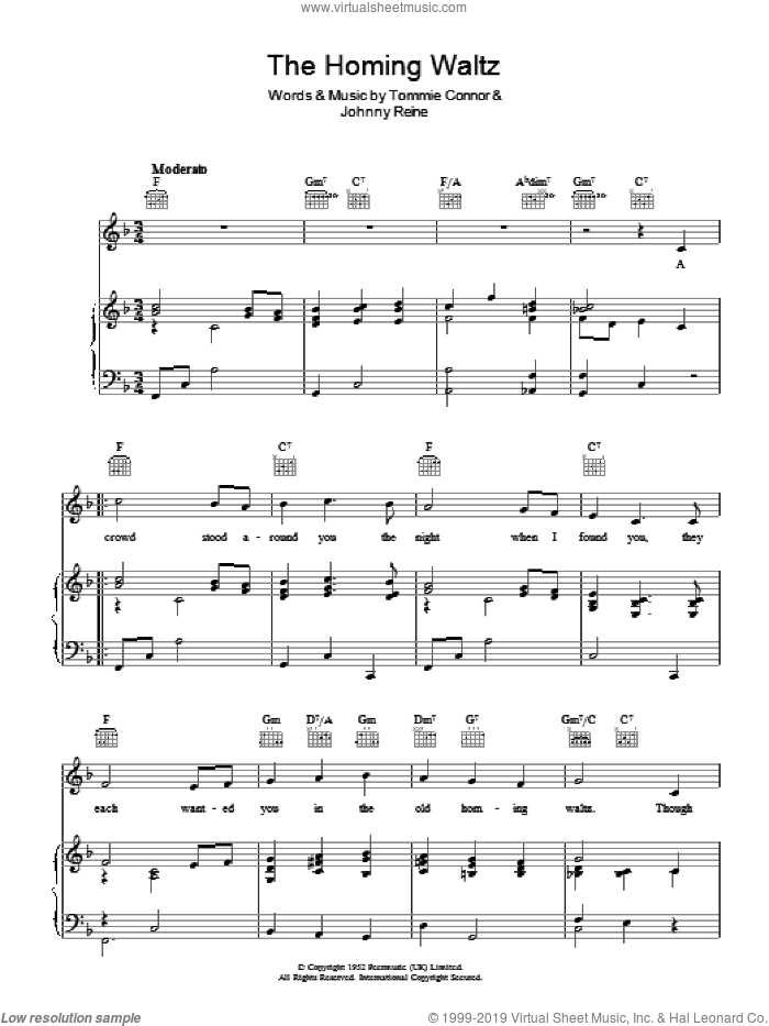 The Homing Waltz sheet music for voice, piano or guitar by Dickie Valentine, Johnny Reine and Tommie Connor, intermediate skill level