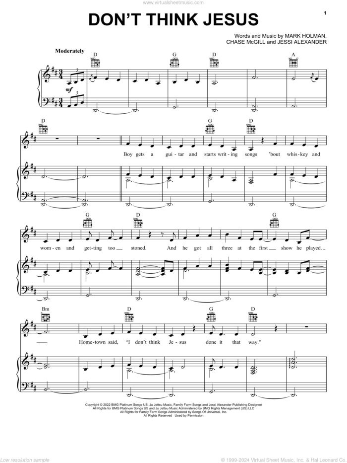 Don't Think Jesus sheet music for voice, piano or guitar by Morgan Wallen, Chase Mcgill, Jessi Alexander and Mark Holman, intermediate skill level
