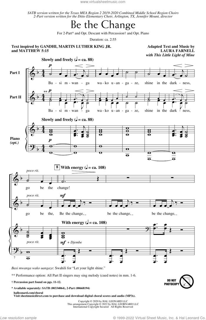 Be The Change sheet music for choir (2-Part) by Laura Farnell, intermediate duet