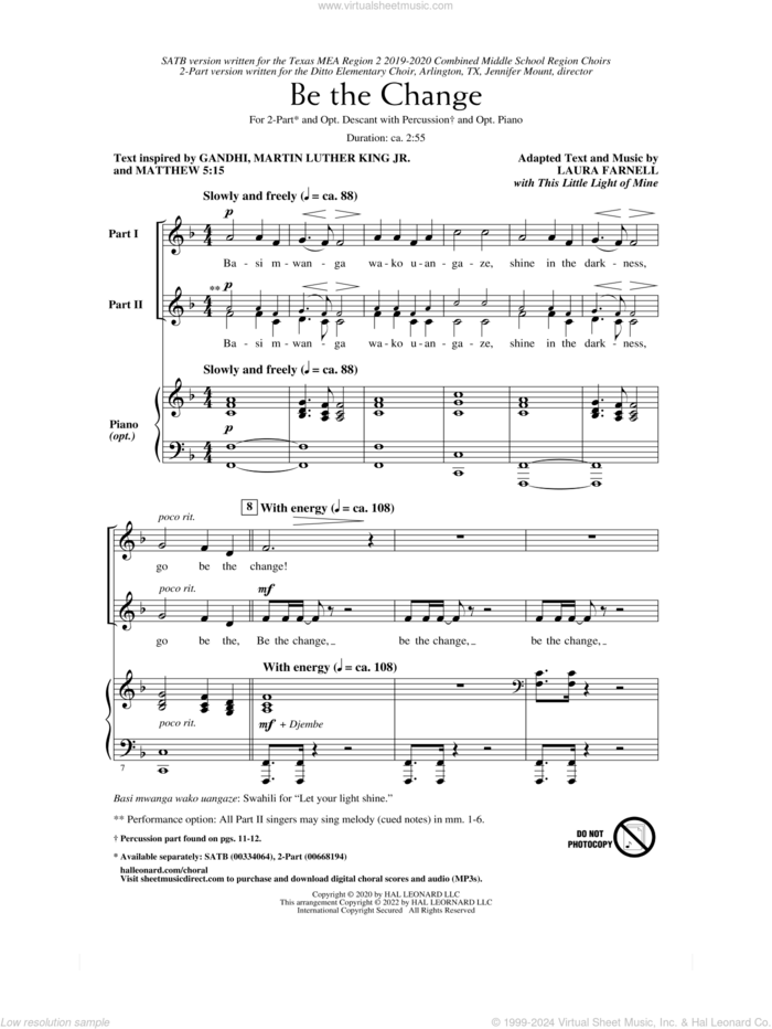 Be The Change sheet music for choir (2-Part) by Laura Farnell, intermediate duet