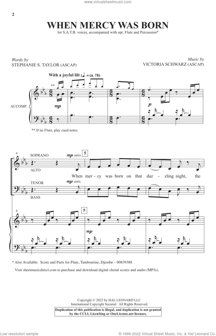 When Mercy Was Born sheet music for choir (SATB: soprano, alto, tenor, bass) by Victoria Schwarz and Stephanie S. Taylor and Victoria Schwartz and Stephanie S. Taylor, intermediate skill level