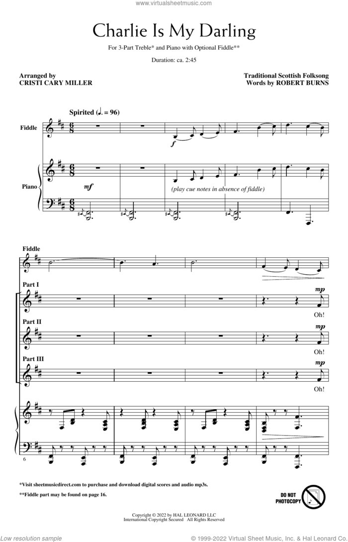 Charlie Is My Darling (arr. Cristi Cary Miller) sheet music for choir (3-Part Treble) , Cristi Cary Miller and Robert Burns, intermediate skill level