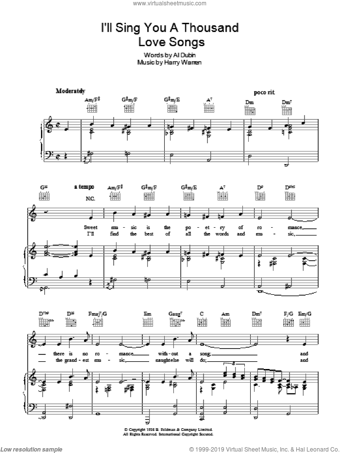 I'll Sing You A Thousand Love Songs sheet music for voice, piano or guitar by Robert Paige, Harry Warren and Al Dubin, intermediate skill level