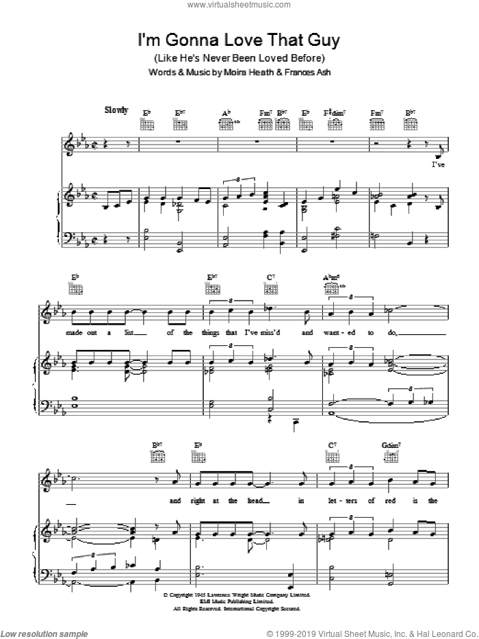 I'm Gonna Love That Guy (Like He's Never Been Loved Before) sheet music for voice, piano or guitar by Monica Lewis, Frances Ash and Moira Heath, intermediate skill level
