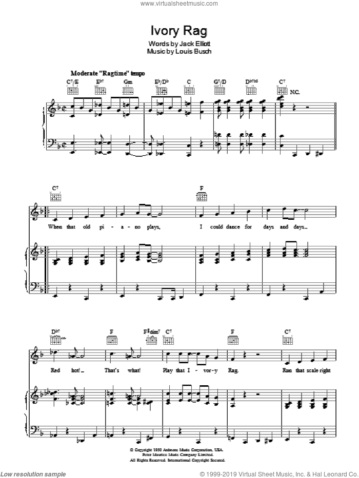 Ivory Rag sheet music for voice, piano or guitar by Lou Busch and Jack Elliott, intermediate skill level