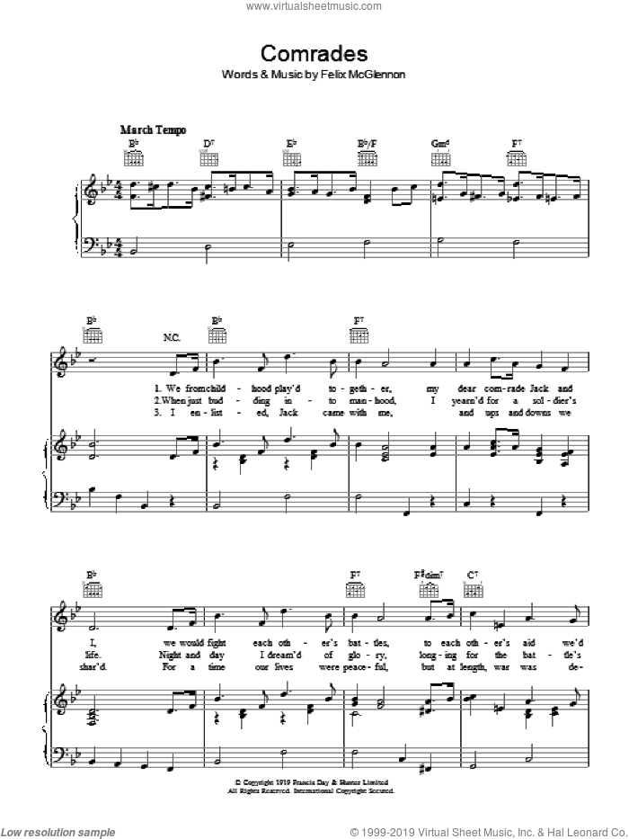 Comrades sheet music for voice, piano or guitar by Felix McGlennon, intermediate skill level