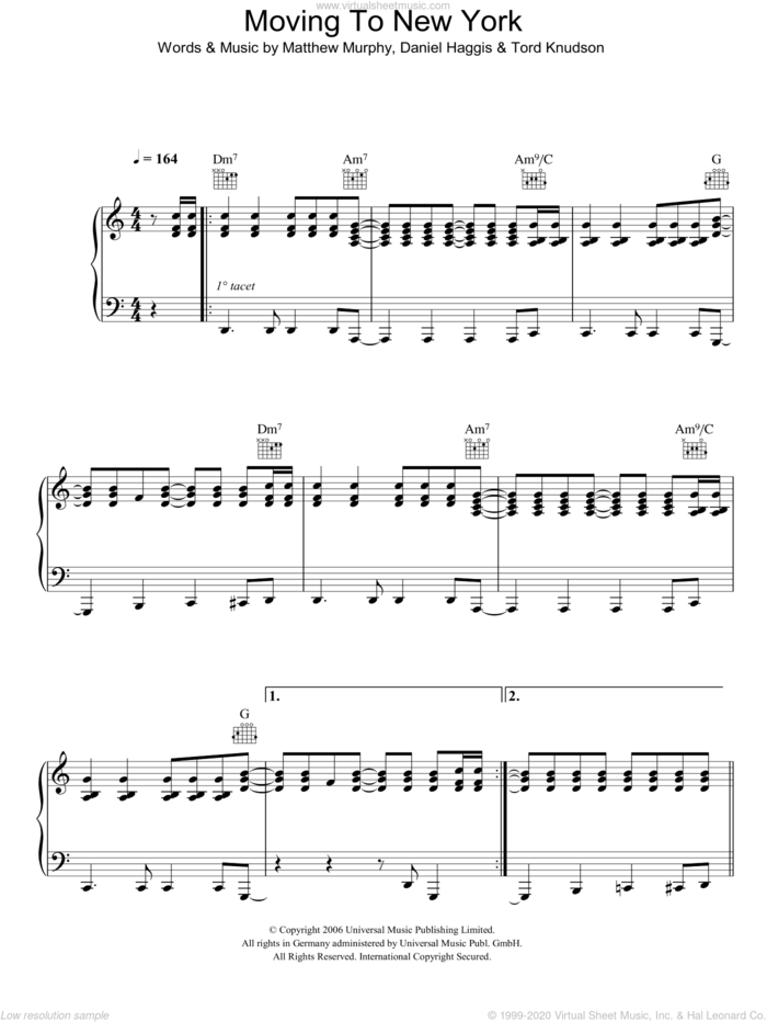 Moving To New York sheet music for voice, piano or guitar by The Wombats, Daniel Haggis, Matthew Murphy and Tord Knudson, intermediate skill level